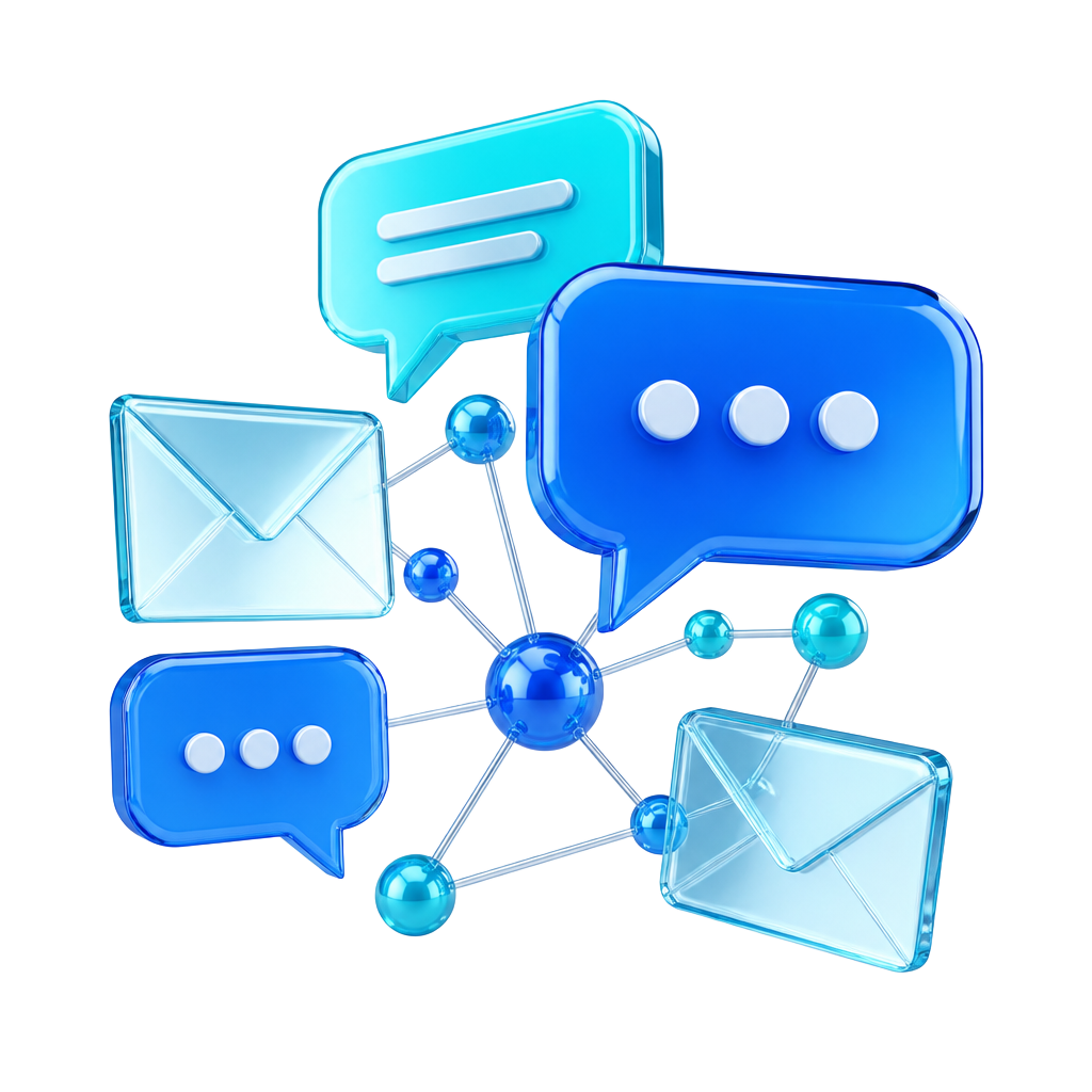 Ilustración 3D de comunicación digital: chat, correos y nodos conectados